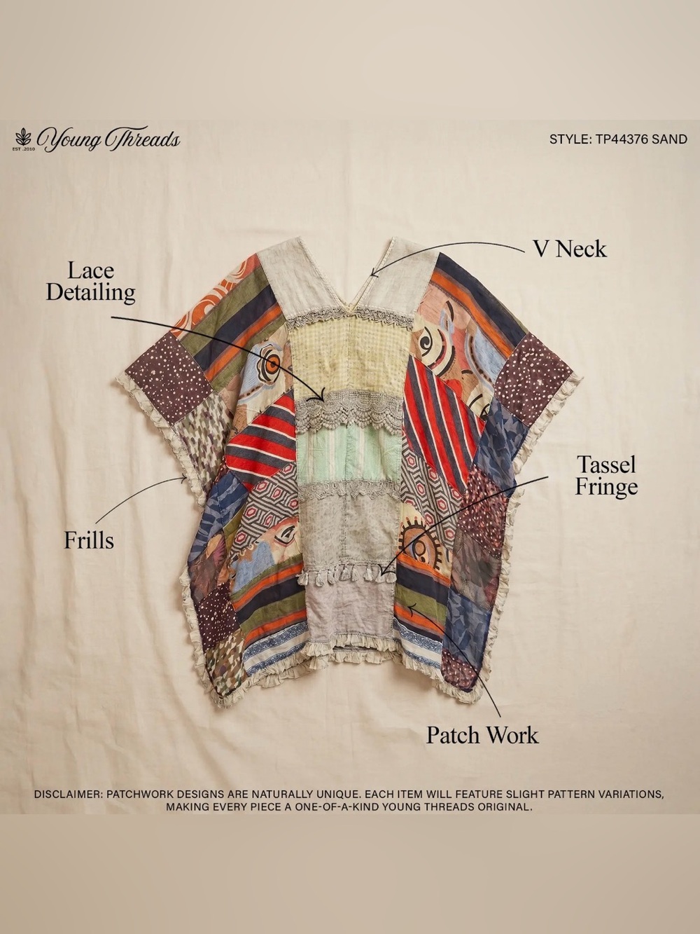 Young Threads Bohemian Fringe Patchwork Poncho Shrug - Picture 6 of 6